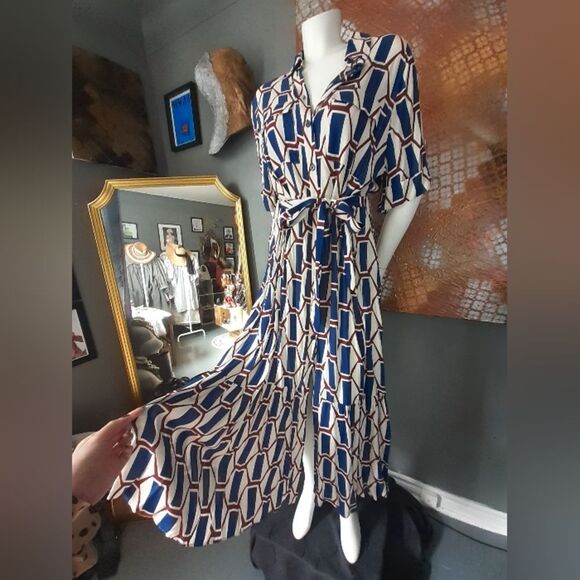 Nwot Zara Geometric Blue, Burgundy and Cream Maxi Dress - Picture 8 of 16